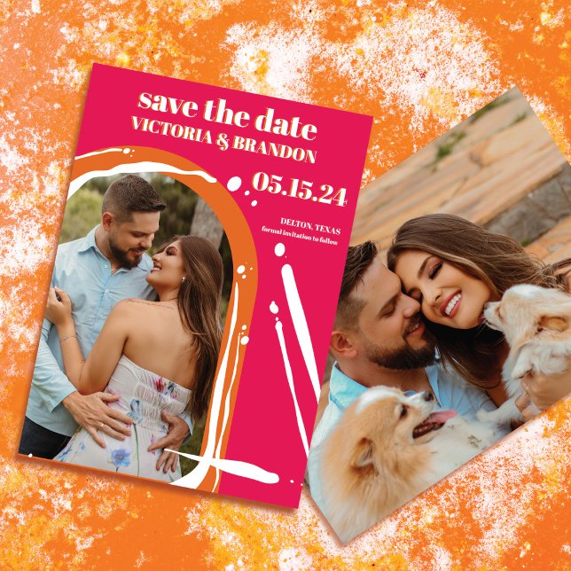 Retro Bold Neon Orange Pink Arch Wedding Save The Date (Creator Uploaded)