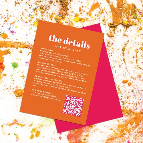 Retro Bold Neon Orange Pink Wedding QR Details Enclosure Card