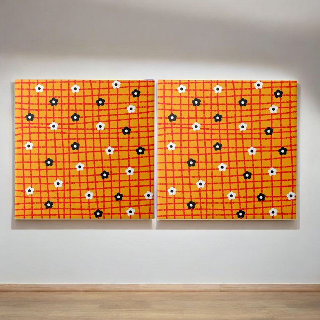 Retro Bold Orange Floral Grid Checkered Botanical  Ceramic Tile (Creator Uploaded)