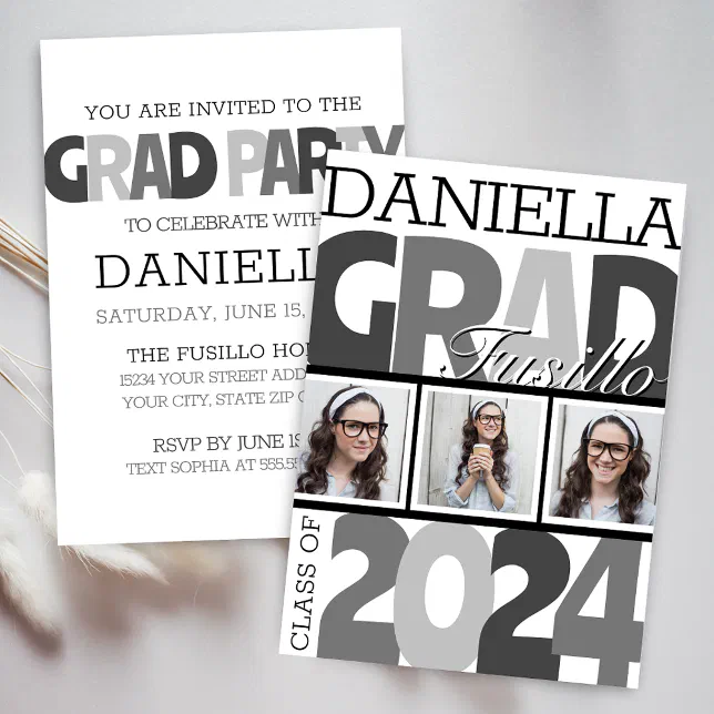 Retro Bold Oversized Black and White Grad Party Invitation | Zazzle