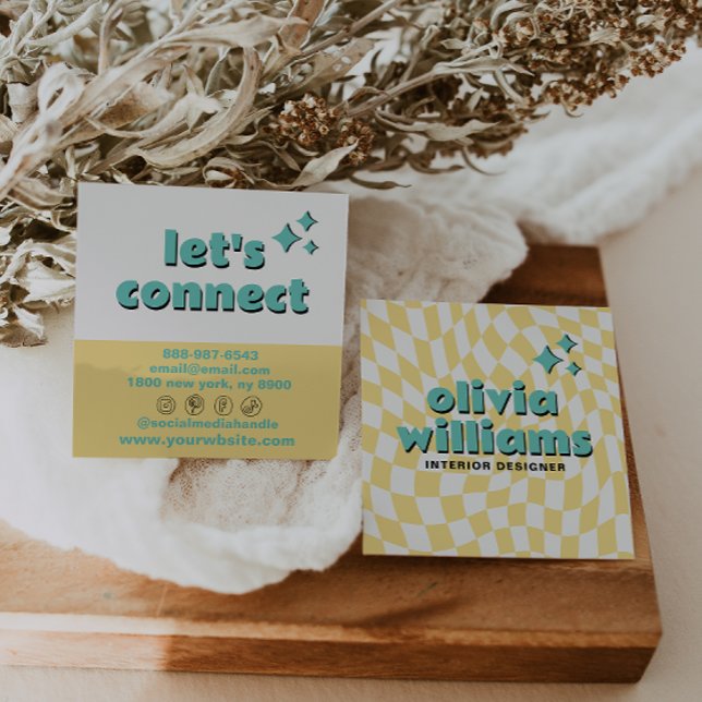 Retro Bold Pastel Groovy Checkered Boho Trendy Fun Square Business Card (Creator Uploaded)