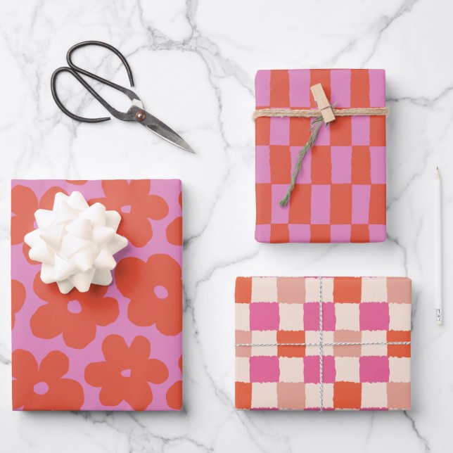 Retro Bold Pink and Orange Floral and Checks Wrapping Paper Sheets (Front)