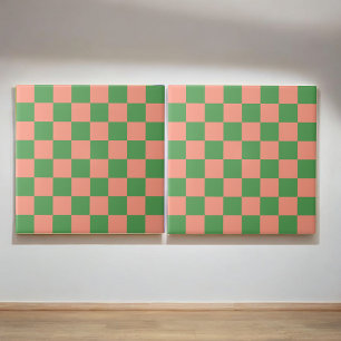 Retro Bold Pink & Green Checkered Colorful  Ceramic Tile
