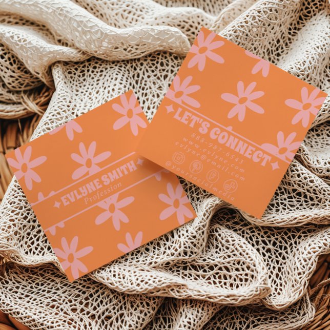 Retro Bold Pink Orange Groovy Floral Girly Funky Square Business Card (Creator Uploaded)