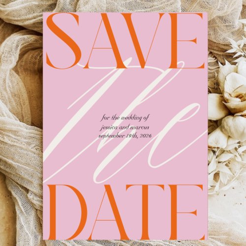 Retro Bold Pink Orange Script Vintage Wedding Save The Date