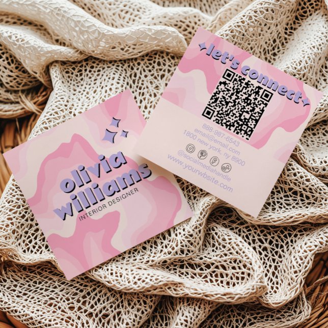 Retro Bold Pink Purple QR Code Groovy Girly Trendy Square Business Card (Creator Uploaded)