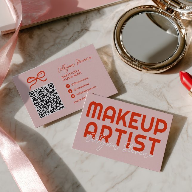 Retro Bold Pink Red Makeup Artist QR Code Business Card (Retro Bold Pink Red Makeup Artist QR Code Business Card)