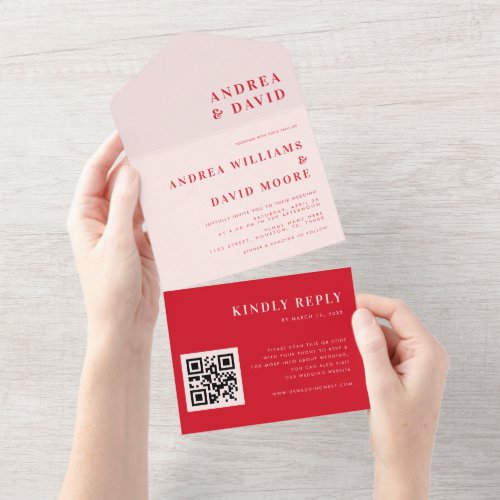 Retro Bold Pink  Red QR Code RSVP Trendy Wedding All In One Invitation