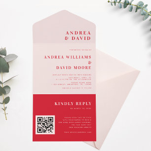 Retro Bold Pink & Red QR Code RSVP Trendy Wedding All In One Invitation