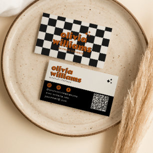 Retro Bold QR Code Boho Groovy Checkered Funky Business Card