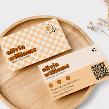 Retro Bold Qr Code Boho Groovy Smiling Flower Business Card by marshopART at Zazzle