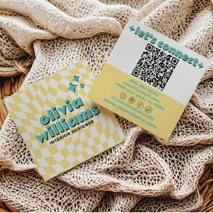 Retro Bold QR Code Groovy Checkered Boho Trendy Square Business Card