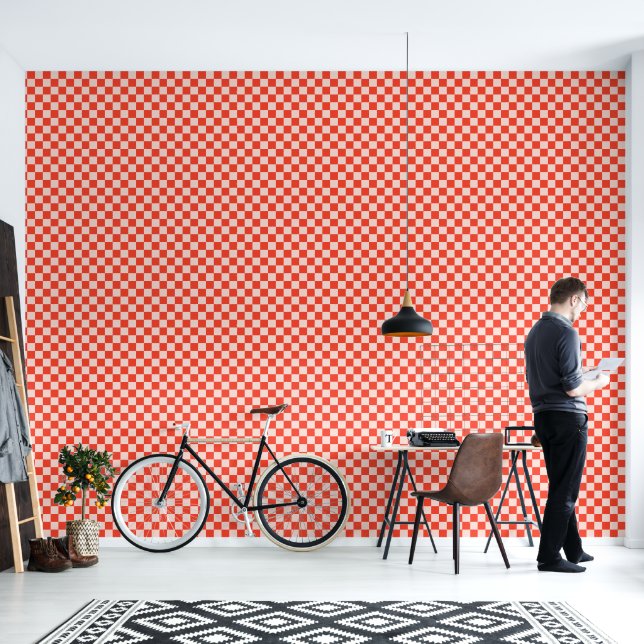 Retro Bold Red and White Geometric Checkerboard Wallpaper (Living Room)