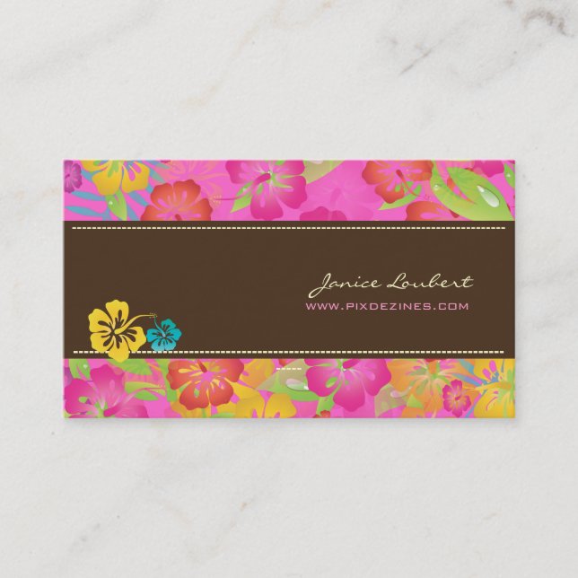 RETRO BOLD TROPICAL FLOWERS, HIBISCUS BUSINESS CARD (Front)