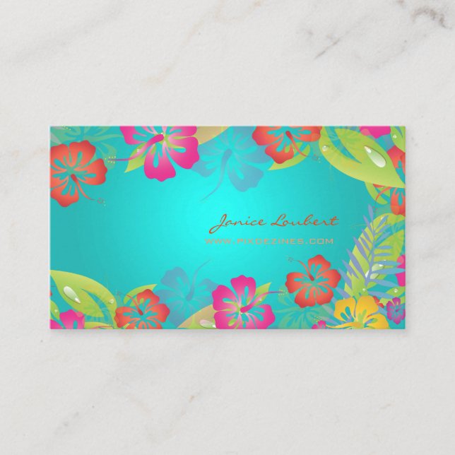 RETRO BOLD TROPICAL FLOWERS, HIBISCUS BUSINESS CARD (Front)