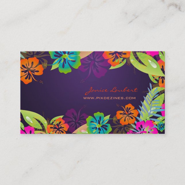 RETRO BOLD TROPICAL FLOWERS, HIBISCUS BUSINESS CARD (Front)