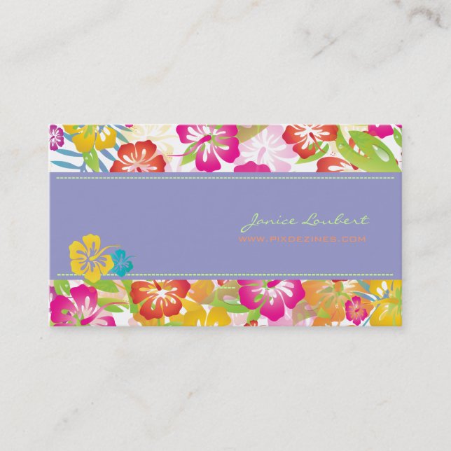 RETRO BOLD TROPICAL FLOWERS, HIBISCUS BUSINESS CARD (Front)