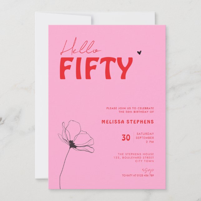 Retro Bold Typo Pink Red Simple 50th Birthday Invitation (Front)
