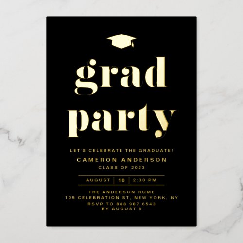 Retro Bold Typography Black Graduation Party Foil Invitation