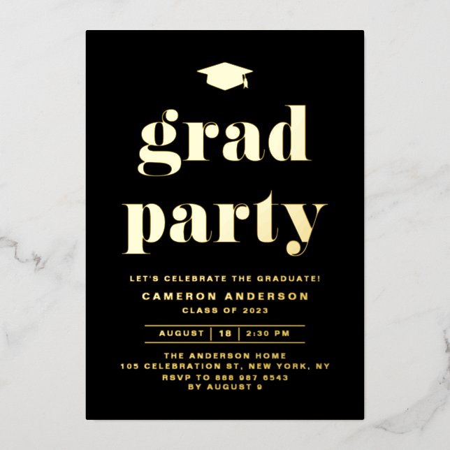 Retro Bold Typography Black Graduation Party Foil Invitation (Front)