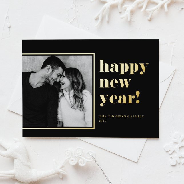 Retro Bold Typography Black Happy New Year Foil Holiday Card (Customizable gold foil photo New Year card)