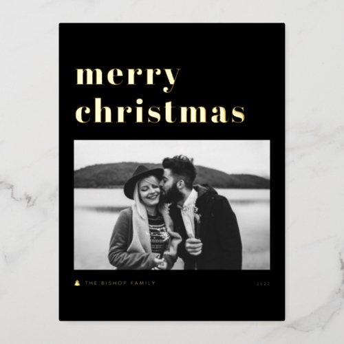 Retro Bold Typography Black Merry Christmas Photo Foil Holiday Postcard