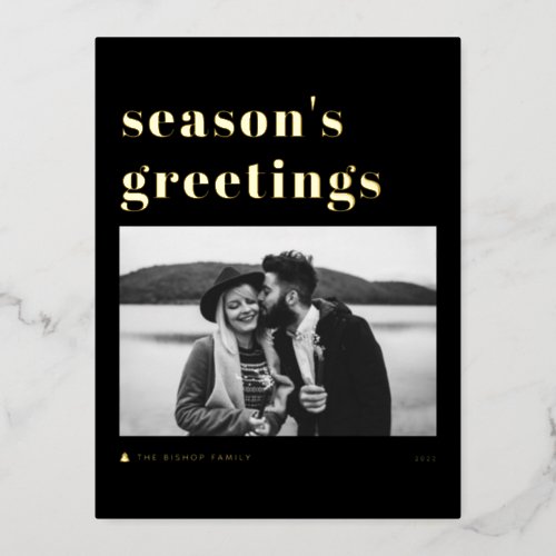 Retro Bold Typography Black Seasons Greetings Foil Holiday Postcard