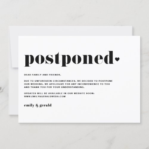 Retro Bold Typography Black Wedding Postponement Announcement