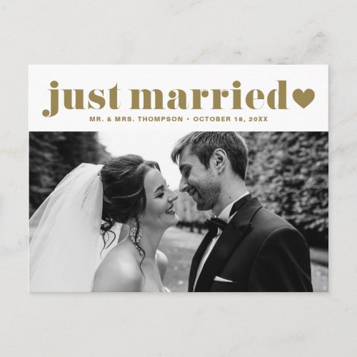 Retro Bold Typography Gold Just Married Photo Postcard