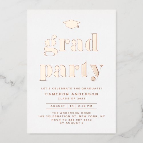 Retro Bold Typography Graduation Party Rose Gold Foil Invitation