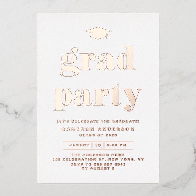 Retro Bold Typography Graduation Party Rose Gold Foil Invitation (Front)