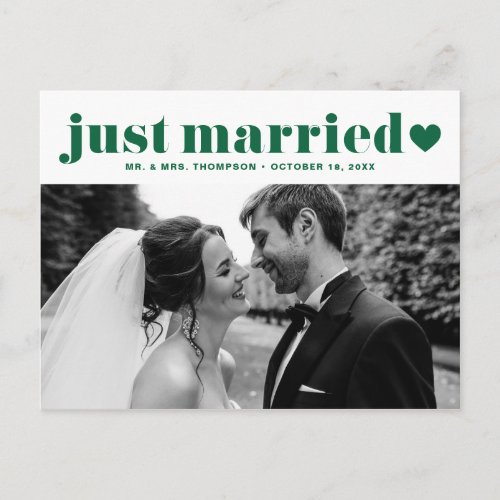 Retro Bold Typography Green Just Married Photo Postcard