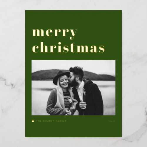 Retro Bold Typography Green Merry Christmas Photo Foil Holiday Postcard