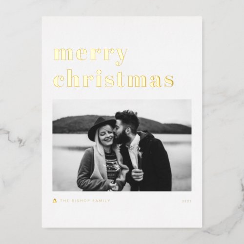 Retro Bold Typography Merry Christmas Photo Foil Holiday Postcard
