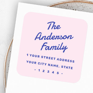 Retro bold typography pink blue return address square sticker