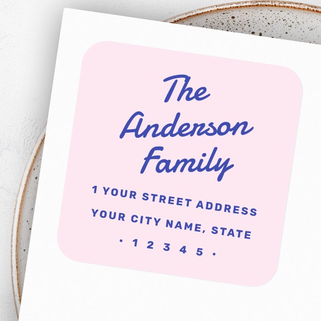 Retro bold typography pink blue return address square sticker (Retro bold typography pink blue return address square sticker)