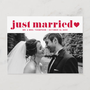 Retro Bold Typography Red Just Married Photo Postcard