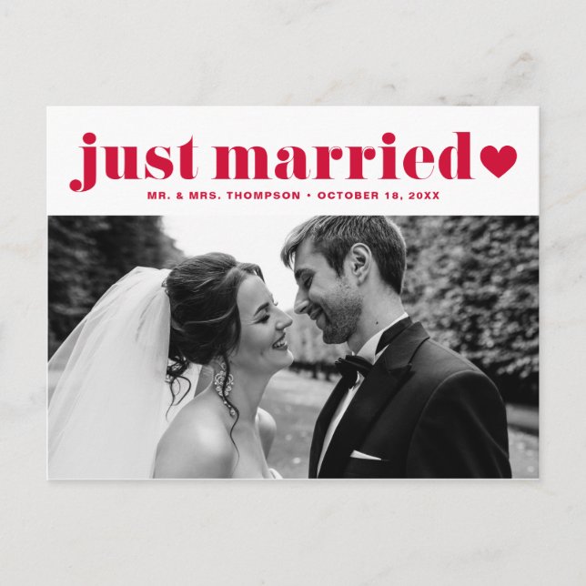 Retro Bold Typography Red Just Married Photo Postcard (Front)