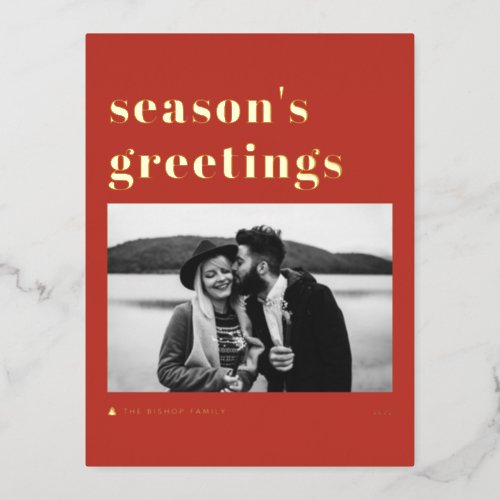Retro Bold Typography Red Seasons Greetings Foil Holiday Postcard