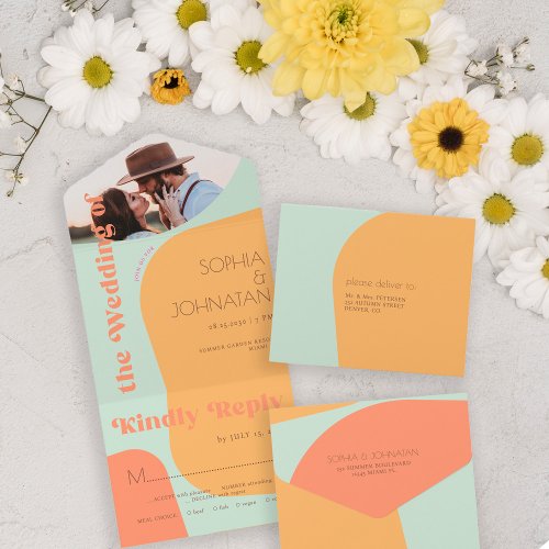 Retro bold typography summer photo wedding rsvp all in one invitation