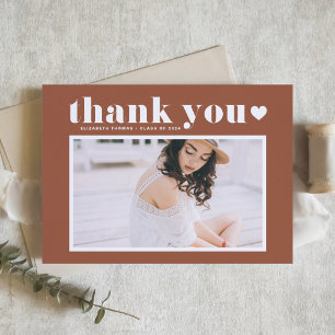 Retro Bold Typography Terracotta Photo Graduation Letterpress Thank You Card