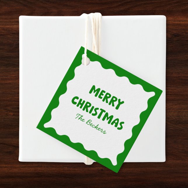 Retro Bold Wavy Green Fun Custom Merry Christmas Favor Tags (Creator Uploaded)