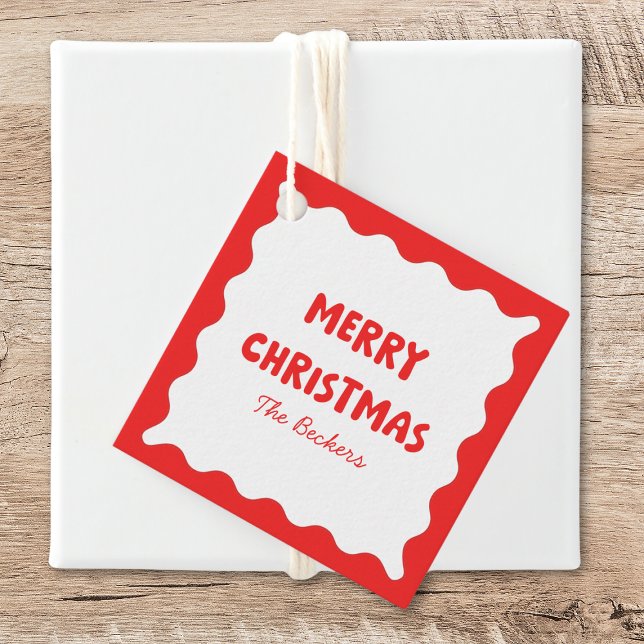 Retro Bold Wavy Red Fun Custom Merry Christmas Favor Tags (Creator Uploaded)