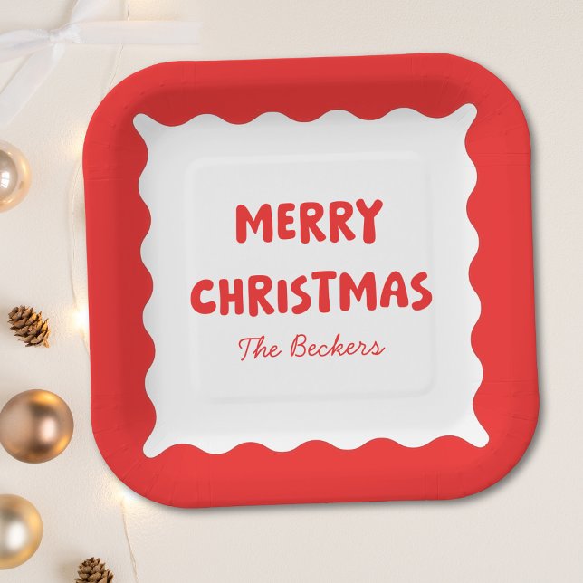 Retro Bold Wavy Red Fun Custom Merry Christmas Paper Plates (Creator Uploaded)