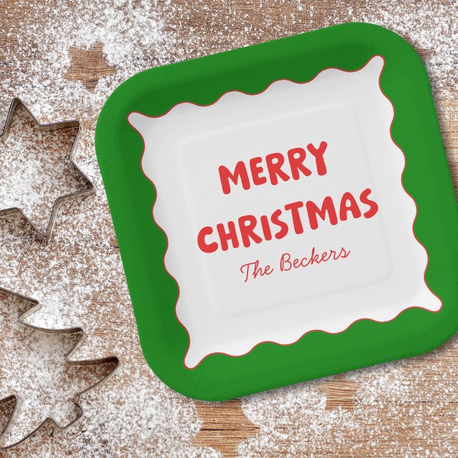 Retro Bold Wavy Red & Green Custom Merry Christmas Paper Plates (Creator Uploaded)
