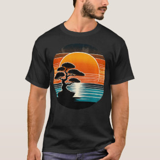 Retro Bonsai Tree Sunset Coastal Charm Vintage Sty T-Shirt
