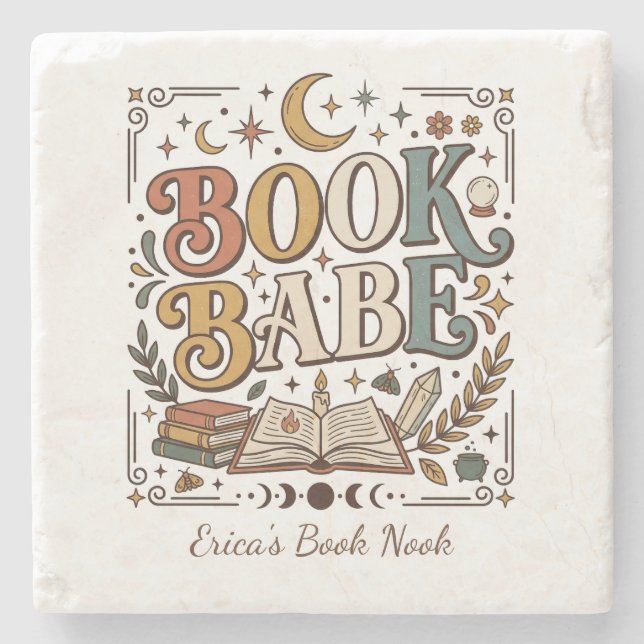 Retro Book Babe Mystical Celestial Witchy Bookish Stone Coaster (Front)