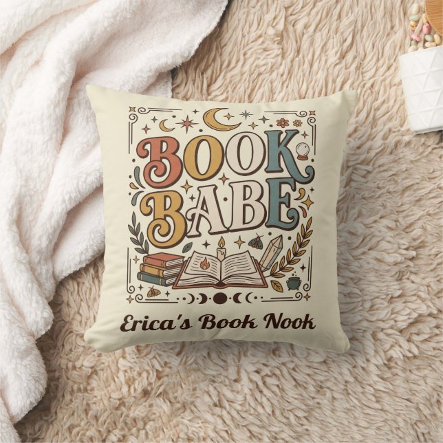 Retro Book Babe Mystical Celestial Witchy Bookish Throw Pillow (Blanket)