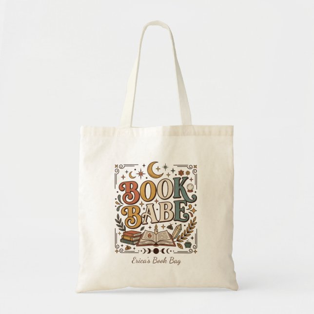 Retro Book Babe Mystical Celestial Witchy Bookish Tote Bag (Front)