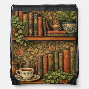 Retro book lover art drawstring bag